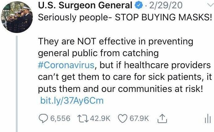 U.S. Surgeon General on Twitter: "1/3 Regarding masks: @WHO @CDCgov & my  office have consistently recommended against the general public wearing  masks as there is scant or conflicting evidence they benefit individual
