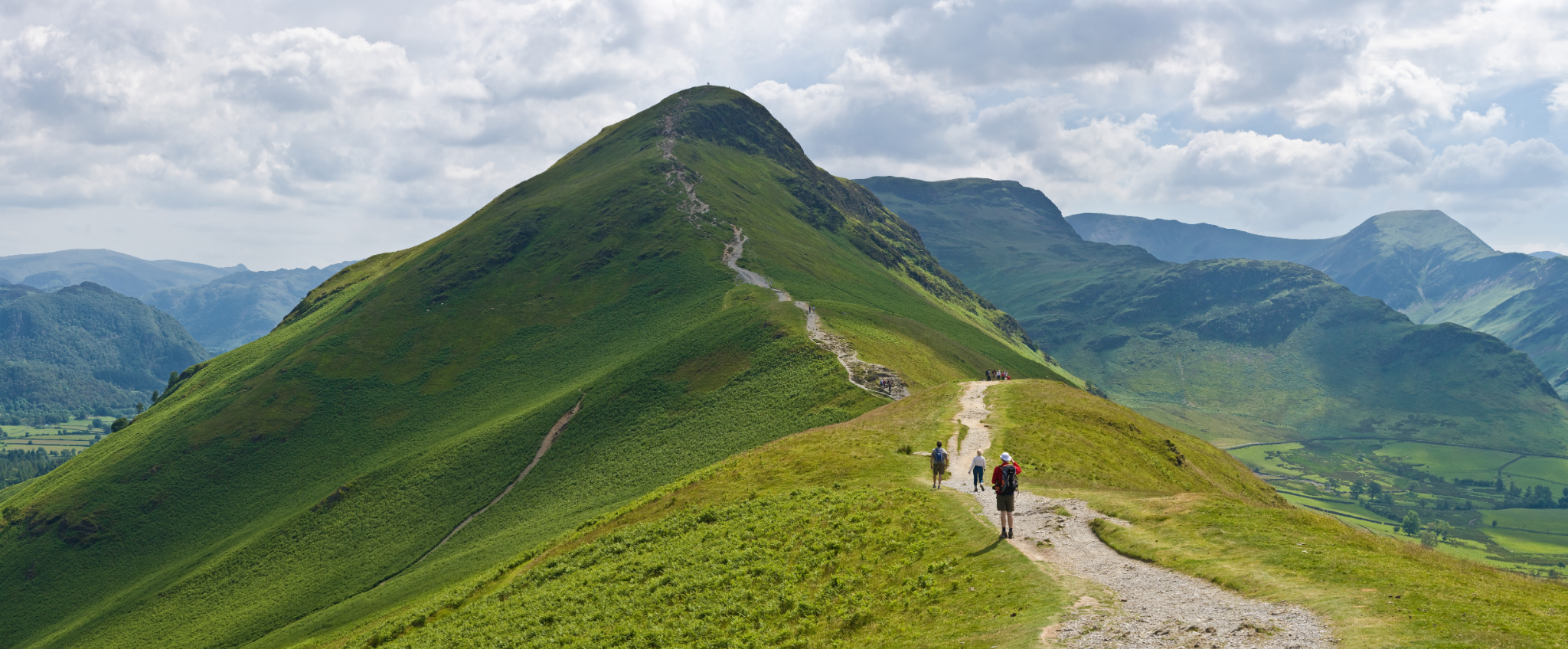 A photo of a path leading to the peak of a grass-covered mountain, surrounded by forested valleys and similar mountains.